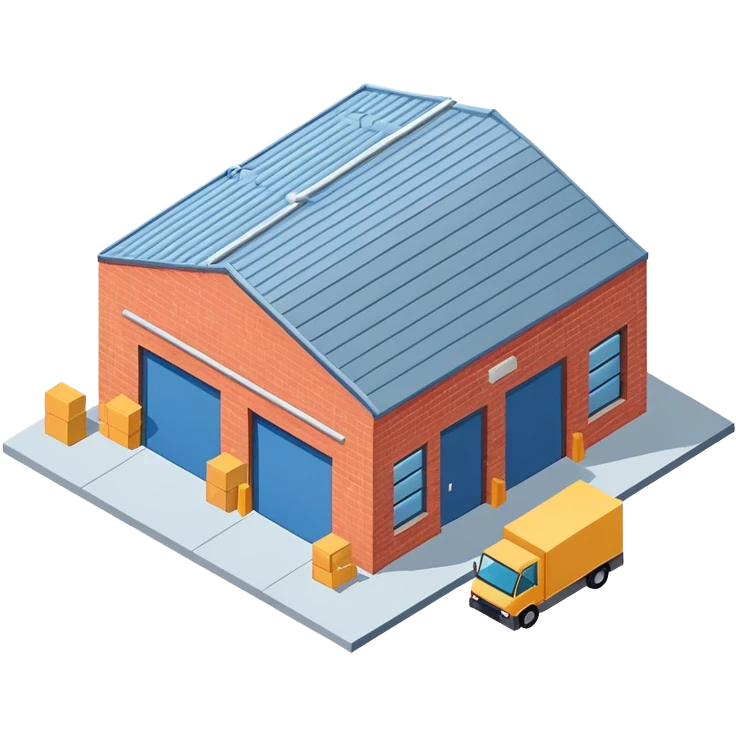 Single story warehouse building in isometric view with loading dock and roll-up door emoji