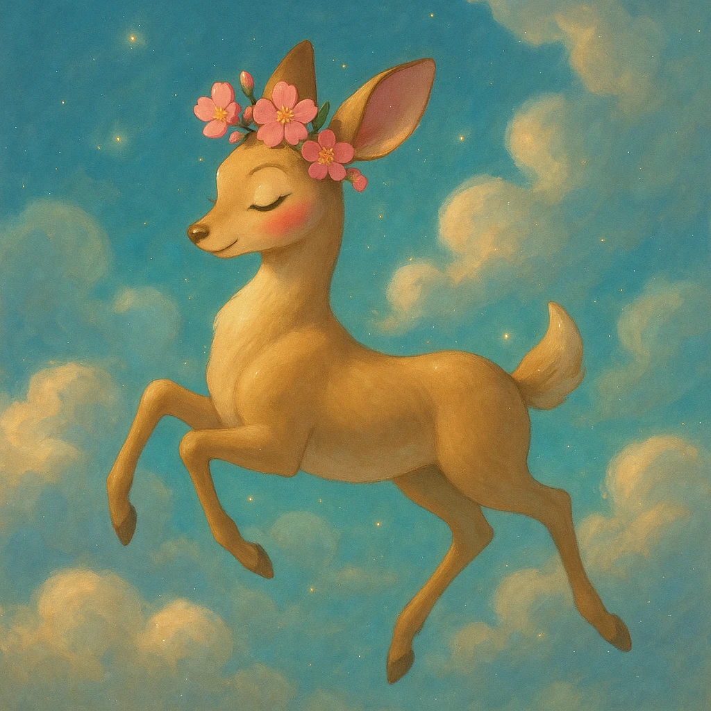 Enhance this feminine adult vanilla cloud doe with rosy cheeks and cherry flowers, floating gracefully in a dreamy Ghibli-Pixar style. Make the colors even more vibrant, the lines even softer, and the cherry flowers extra detailed. Add a magical, sparkling glow and elegant highlights, keeping the look whimsical, refined, and enchanting. emoji