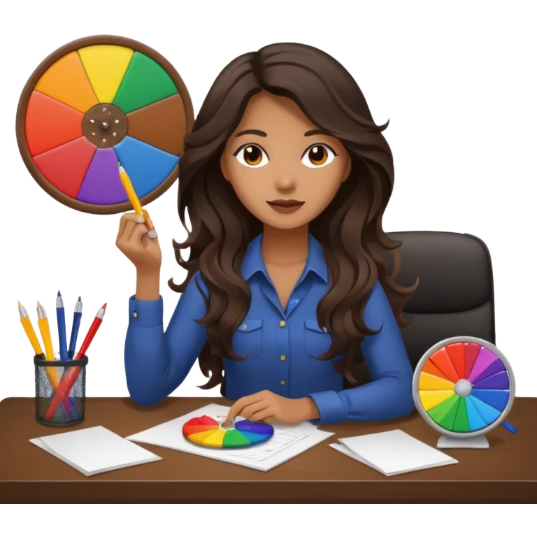 female dark wavy long hair graphic designer , holding color wheel , pens, papers, desktop emoji