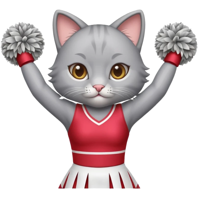 A cute sleek grey cat cheerleader twirling pom-poms with confident energy. emoji