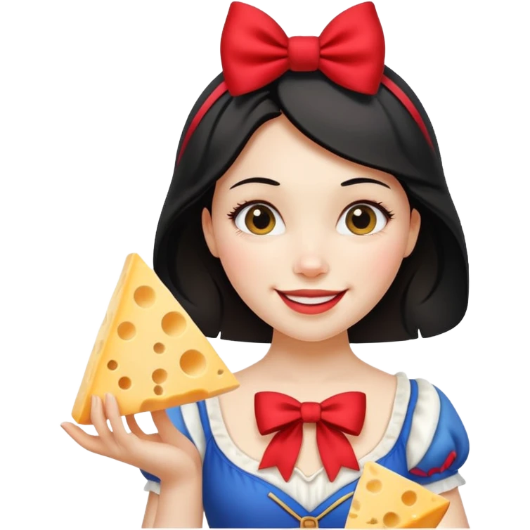  smiling Snow White with red bow holding triangle wedge of cheese emoji