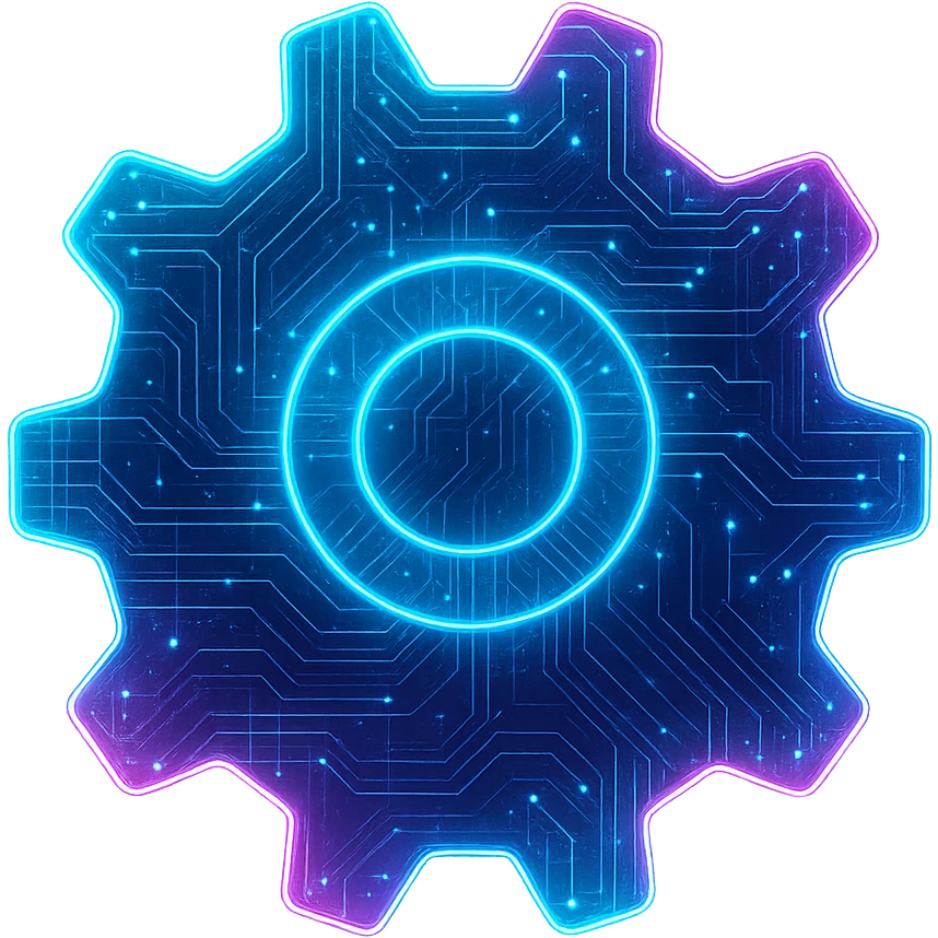 Transform the Windows settings icon (gear) into a cyberpunk, holographic style with glowing neon blue and pink edges, circuit patterns throughout the entire icon, and a transparent background. Maintain the recognizable gear shape, overlaying neon and circuit effects in a consistent futuristic, clean cyberpunk glow style with intricate circuit details. emoji