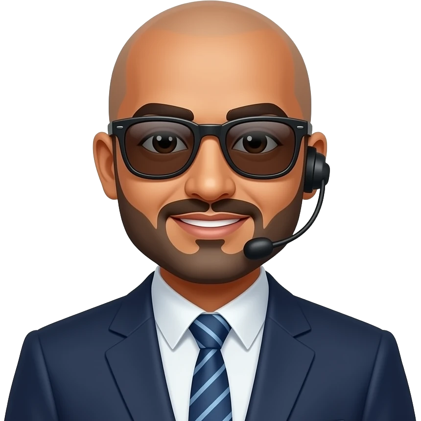 indian Tech support boss bald with goate beard with sunglass with halo emoji