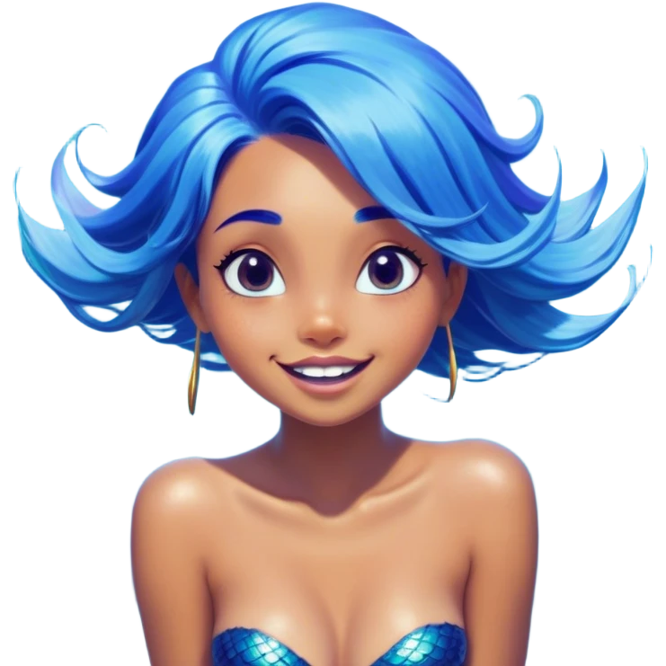Cinematic Realistic Blue Hair Mermaid Portrait, head tilted dramatically with an exaggeratedly amused expression, featuring a striking, vibrant form with meticulously detailed, flowing blue hair and glowing, tanned skin. Her expressive eyes brim with playful marine mischief, rendered with dynamic underwater lighting and vibrant textures that imbue the scene with an air of cheeky, over‐the‐top oceanic whimsy—capturing the essence of a spirited mermaid ready to enchant with coastal charm. emoji