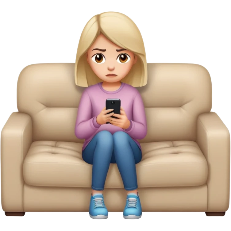A disgruntled girl is sitting on her phone on the couch emoji