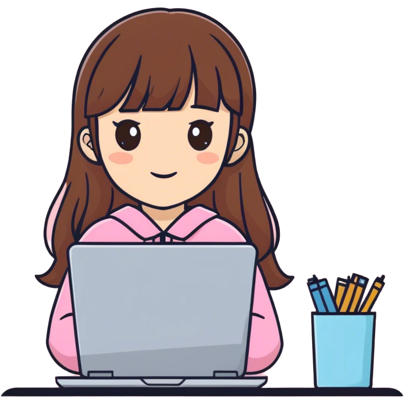 A fair-skinned girl with long brown hair and bangs, brown eyes, wearing pink clothing, and holding a laptop. emoji