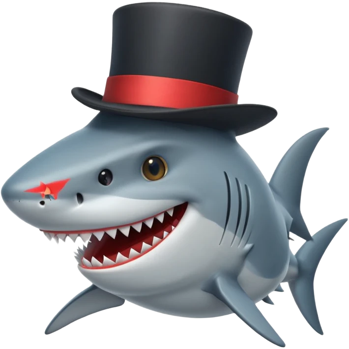 shark in a top hat, grinning emoji