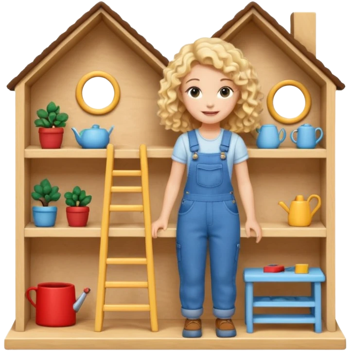 smiling blonde curly girl arranging furniture in doll house with overalls emoji