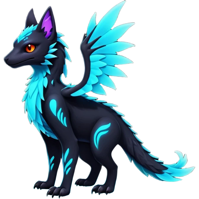 Black Dark Exotic Beaked Feathery Nocturnal Neon-glowing Abyssal Nightly Abyss-Cat-Gryphon-Salandit-Nargacuga-Silvally-Vernid-Sergal-Fakémon-Hybrid-Creature (full body) emoji