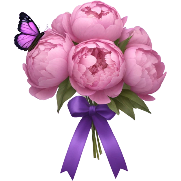 A purple silk ribbon tied around a bouquet of dried pink peonies , with a delicate pastel violet butterfly perched gently on the bow. emoji
