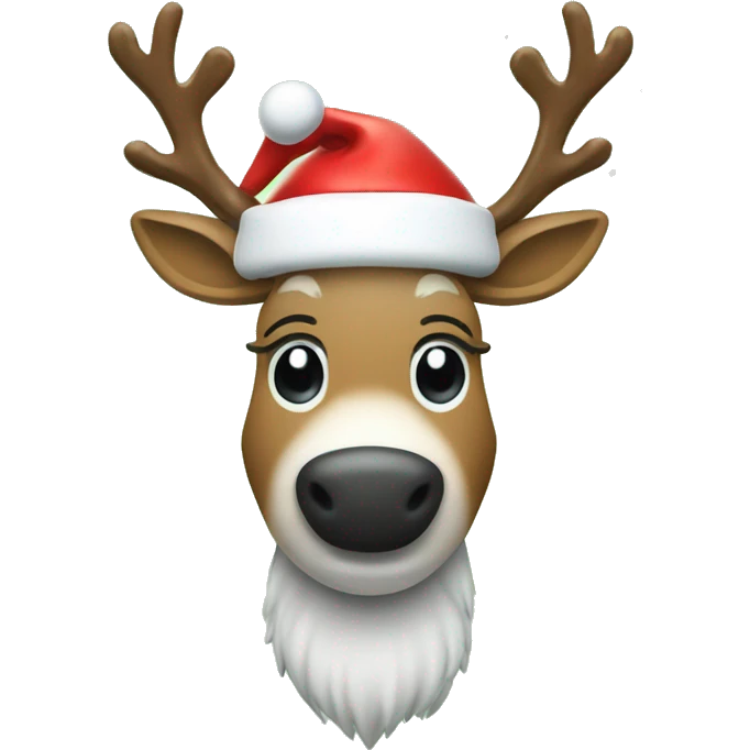 Reindeer wearing a Santa hat with a red nose snowing in the background emoji
