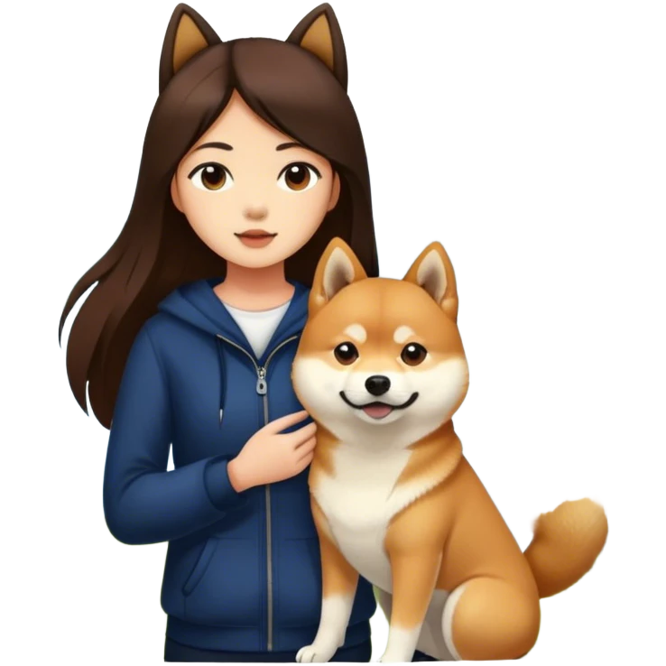 Really girl long dark brown hair with shiba inu outdoors emoji
