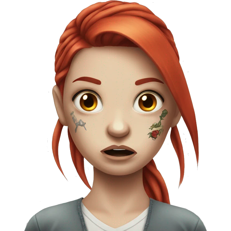 Beautiful angry girl with white skin, long red hair and tattoos emoji