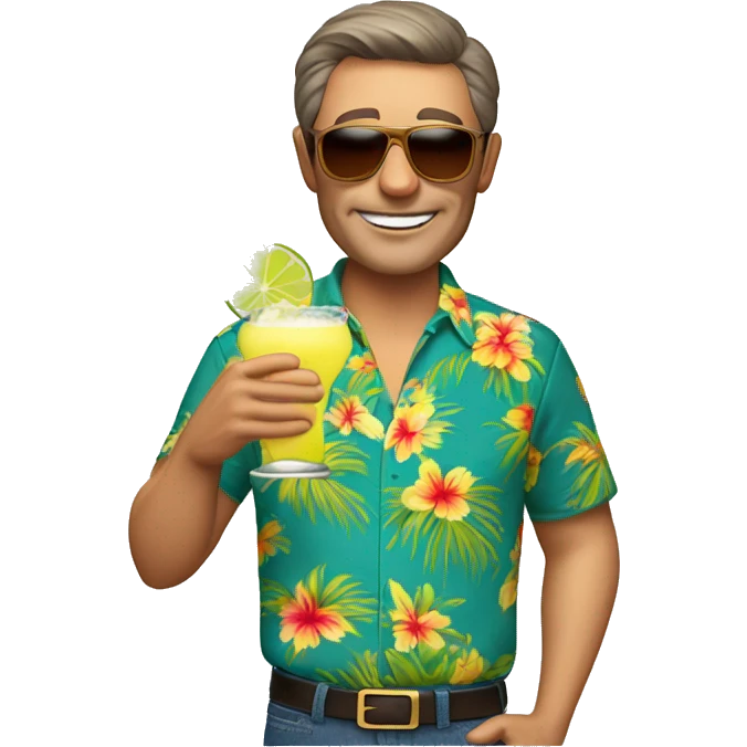 Man in his 50’s with short brown hair wearing a Hawaiian shirt, wearing sunglasses and drinking a margarita emoji