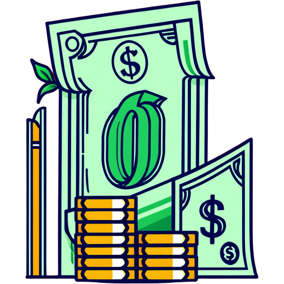 upward green arrow next to a tall growing stack of dollar bills and coins emoji