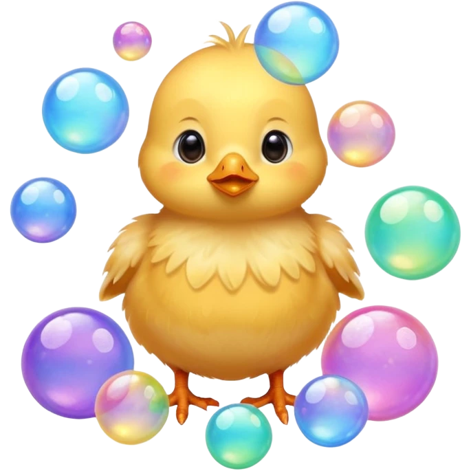 Hyperrealistic, soft furry colorful Baby chick surrounded by Hyperrealistic iridescent translucent bubbles, still life, isolated. 8k emoji