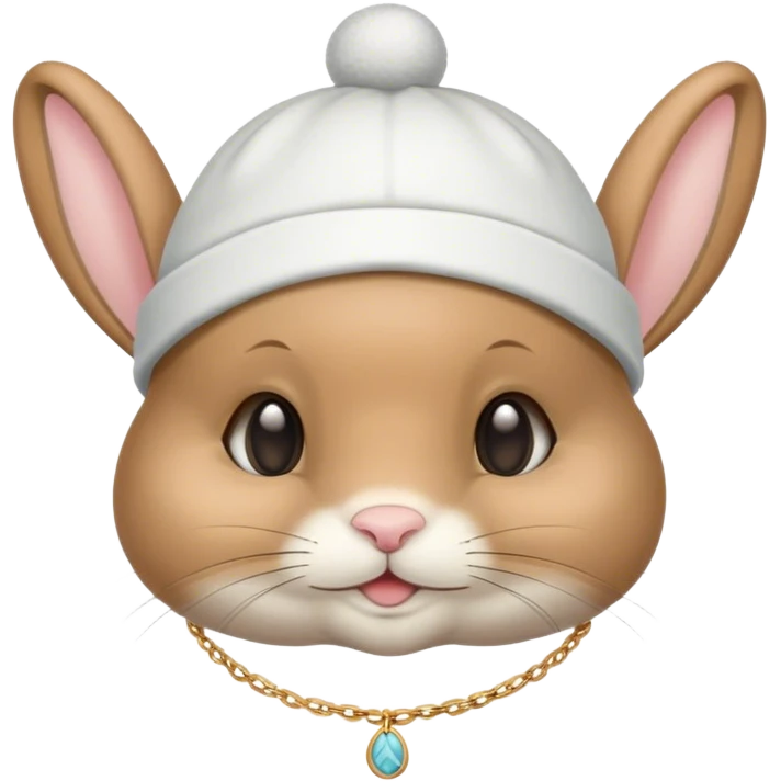 A tan bunny wearing a sleep cap and a necklace that says Barry  emoji