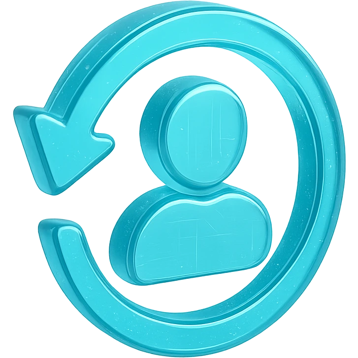 Icon of a circular arrow chasing a user silhouette, cyan blue emoji