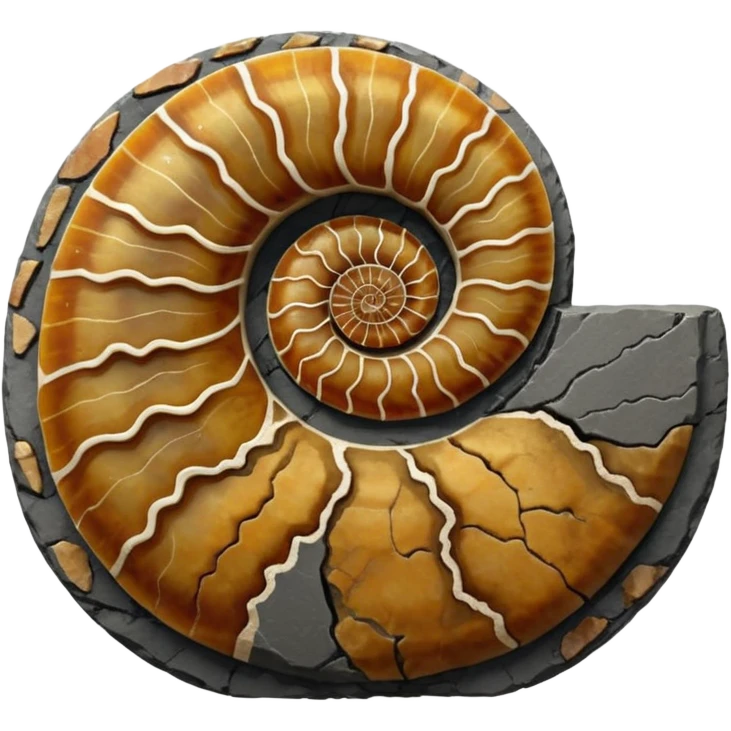 3D render of Ammonite, embedded in a chunk of rough sedimentary rock, cracked stone texture, ancient fossil aesthetic, embedded in dark grey slate stone, matte dry finish, Apple emoji style, isolated on white background --v 6.0 emoji