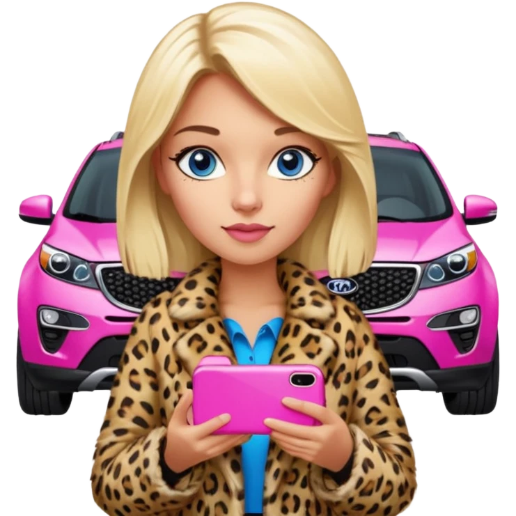 a blondie queen Arina in a leopard fur and pink iPhone on her kia Sportage white car. blue eyes emoji