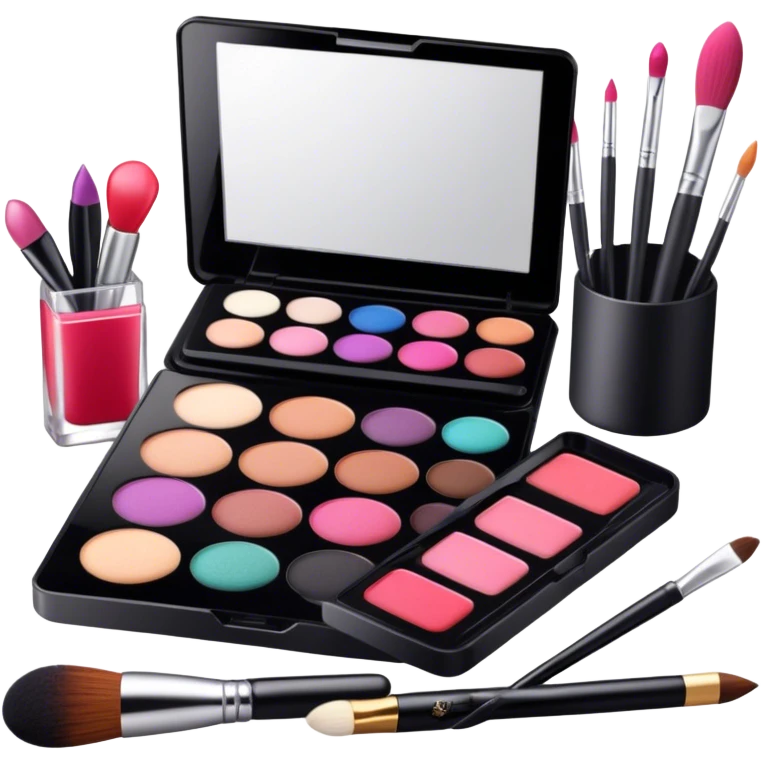 icon featuring professional makeup brushes, a high-quality lipstick, a big sleek eyeshadow palette, a makeup sponge and a set of tools like tweezers and eyeliner pencil. The design highlights the precision and artistry of makeup with detailed textures and realistic lighting. Transparent background. emoji