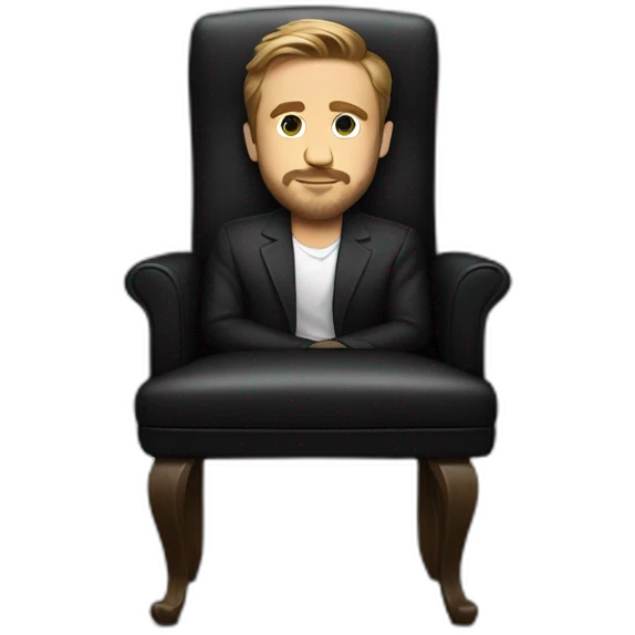 Ryan Gosling sits on a black chair with a very calm face in full height emoji