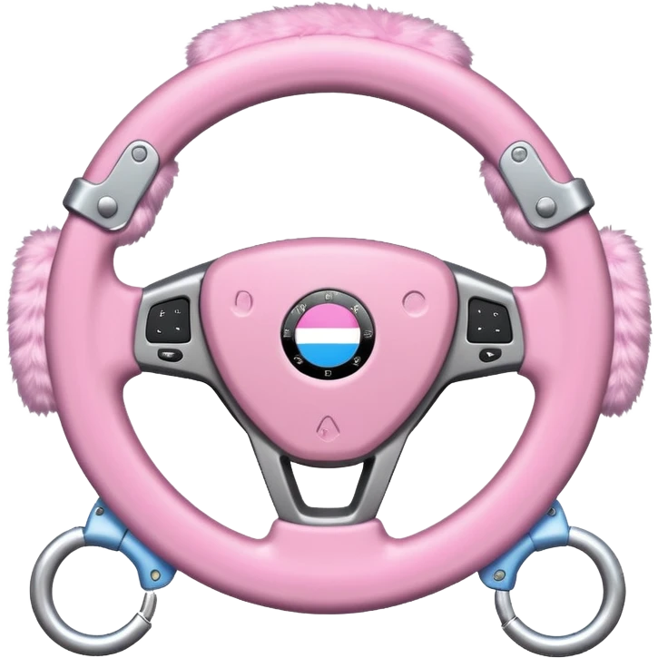 steering wheel with transgender pride flag colors and strifes , with fluffy pink handcuffs emoji