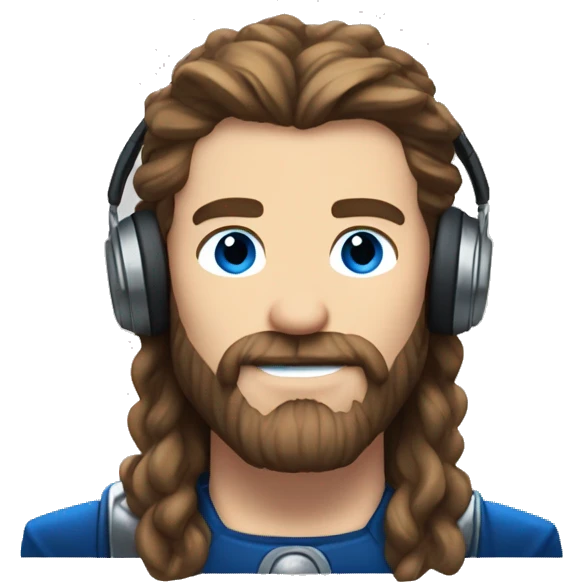 Thor-like hair, beard, blue eyes, brown hair, 35-year-old shy man with headphones on emoji