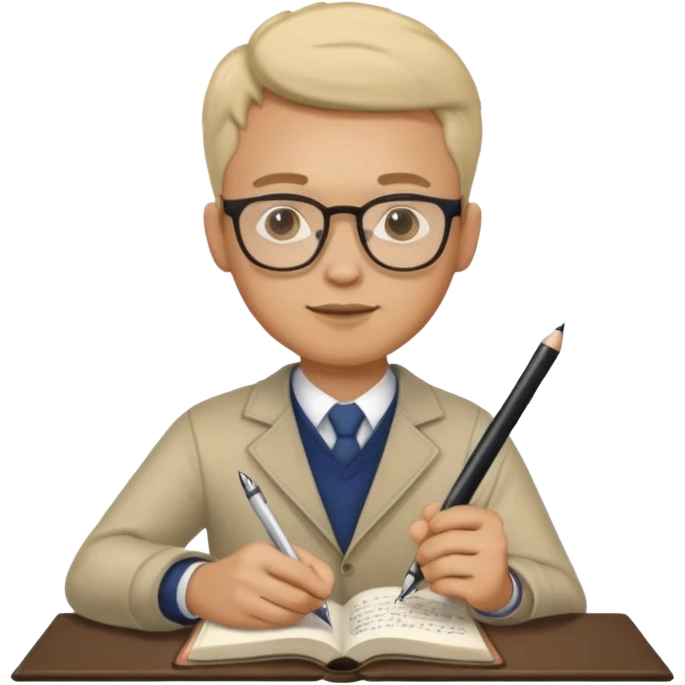man hold a pen in hand write in book , wearing glasses emoji