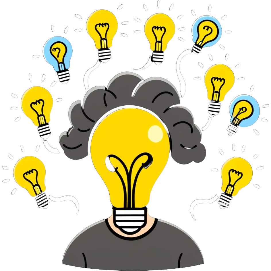 Person with a chaotic mind, swirling tornado of tangled thoughts around their head, containing question marks, light bulbs, and scribbles. The person has a bewildered, overwhelmed expression. emoji