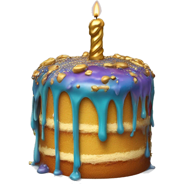 Realistic isolated colorful cake with metallic gold icing dripping from top and all down along the cake emoji