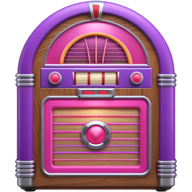3D render of Jukebox, vintage 1980s audio equipment aesthetic, tactile analog buttons, neon pink and purple light tubes with chrome trim, mixed wood grain and brushed aluminum textures, Apple emoji style, isolated on white background --v 6.0 emoji