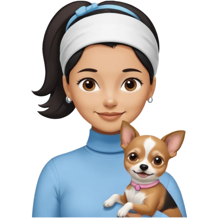 tan skin woman, with short black hair in a slicked back ponytail with forehead showing, with white headband, wearing solid pastel blue turtleneck shirt, smiling carrying dark brown-white long-haired chihuahua dog emoji