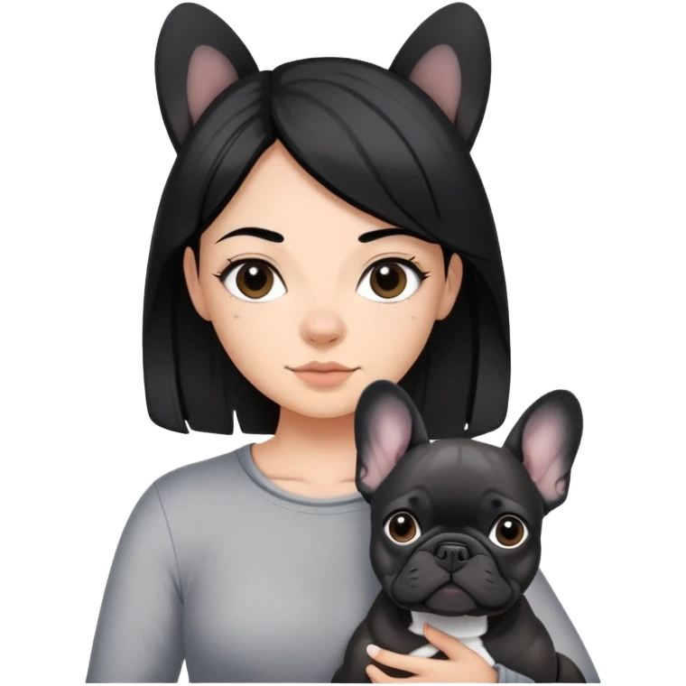 A girl with black hair with two grey strings of highlights carry a black frenchie  emoji