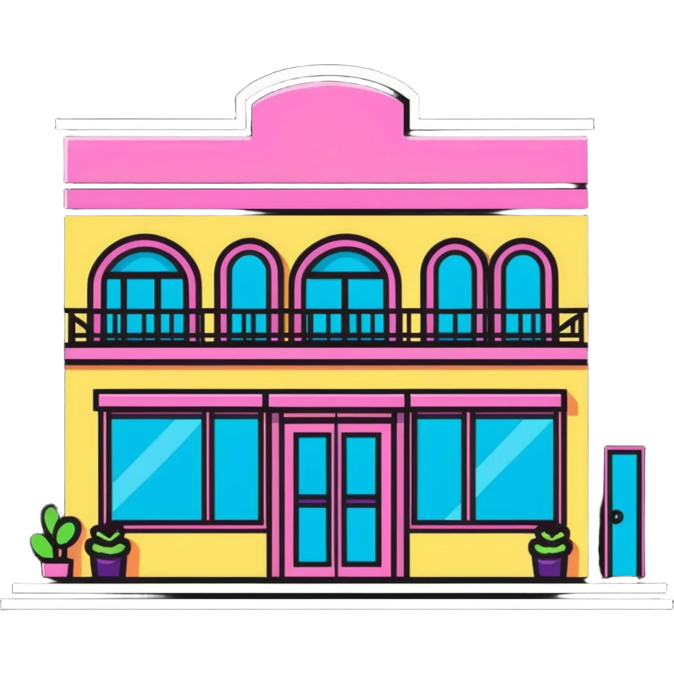 magnifying glass over a beauty salon building emoji