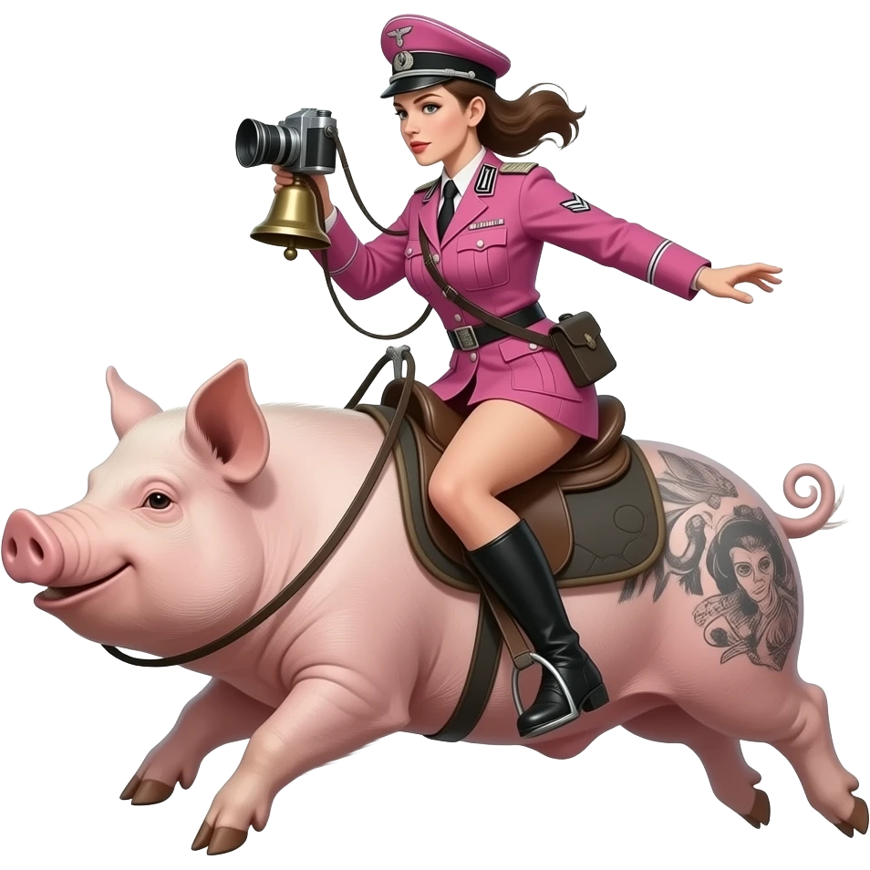 steam-punk - A thin and seductive female rider in a pink German WWII army uniform jumps on a large tattooed pig with an antique bellows camera and bare dirty feet. emoji