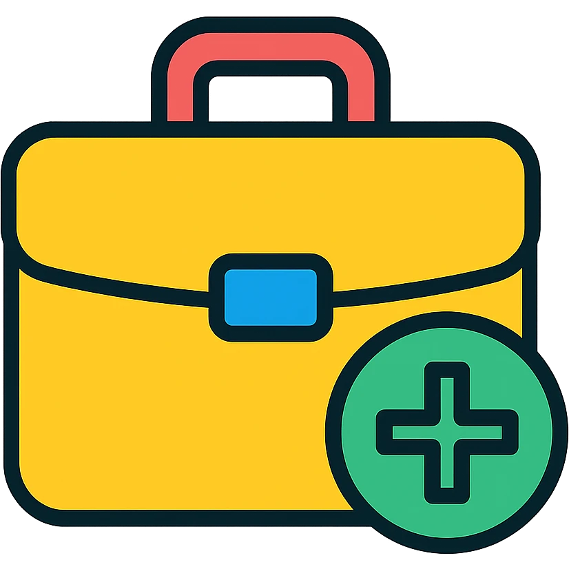 A flat design icon for 'Vacancies' showing a briefcase with a plus sign, suitable for a business presentation. emoji