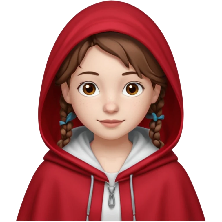 A 12-year-old girl, with fair skin, freckles, and a warming smile that shows her pale pink lips. She has big brown eyes and normal eyebrows. Her brown hair is styled in French braids that reach her breasts. She wears a bright red hooded cloak with the hood drawn over a pretty white tank top. emoji