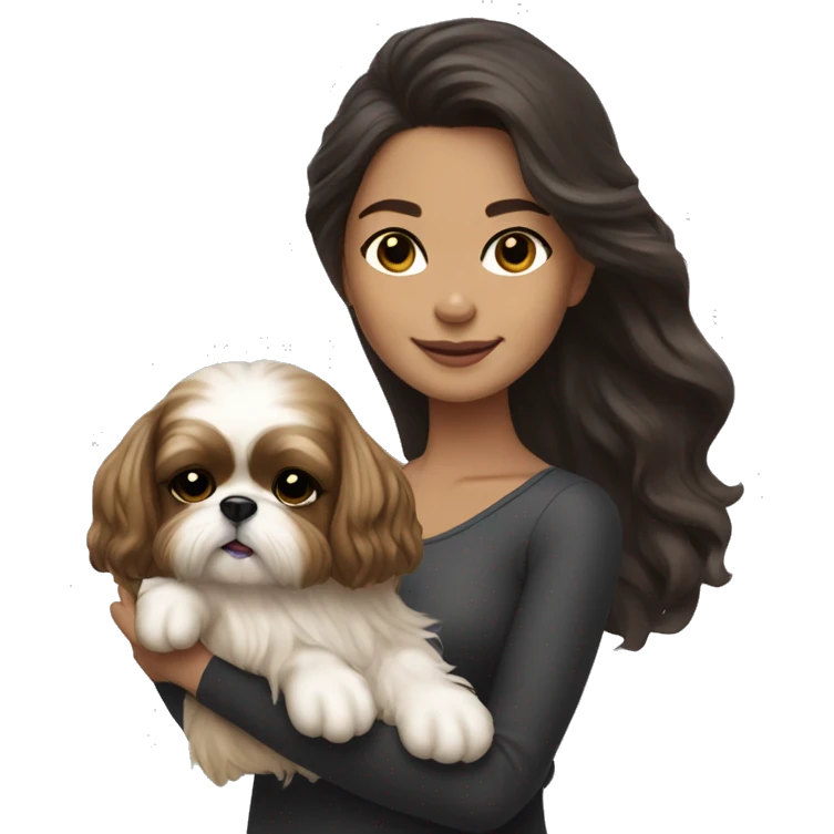 Young dark brunette medium kin hair woman with a golden shih tzu in her arms long wavy hair emoji