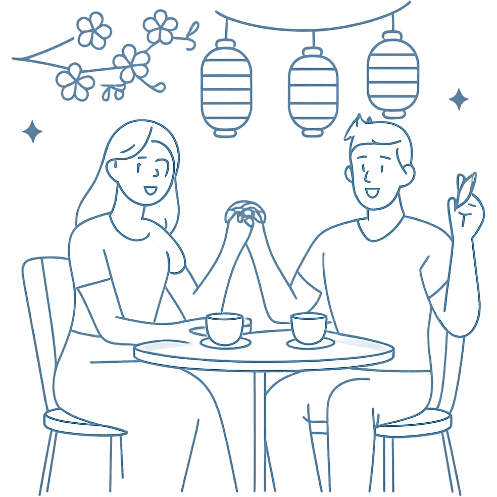A couple seated at a small street cafe table with Japanese paper lanterns, cherry blossoms nearby, and simple teacups, clean minimal design with soft curves emoji