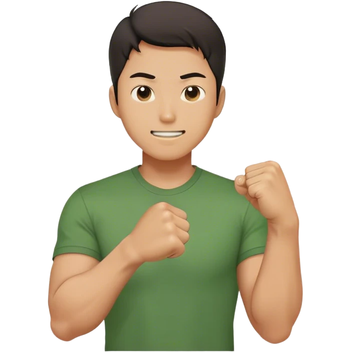A determined Korean man in a green shirt, clenching his fist with a confident & smile expression. Emoji-style digital illustration emoji