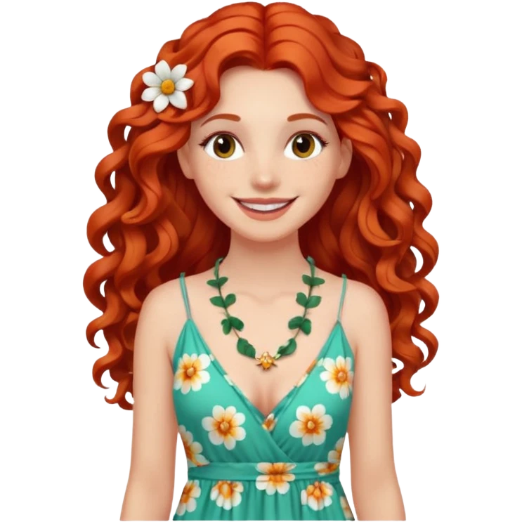 white girl with long curly red hair, wearing a maxi dress, flower necklace, bright smile emoji