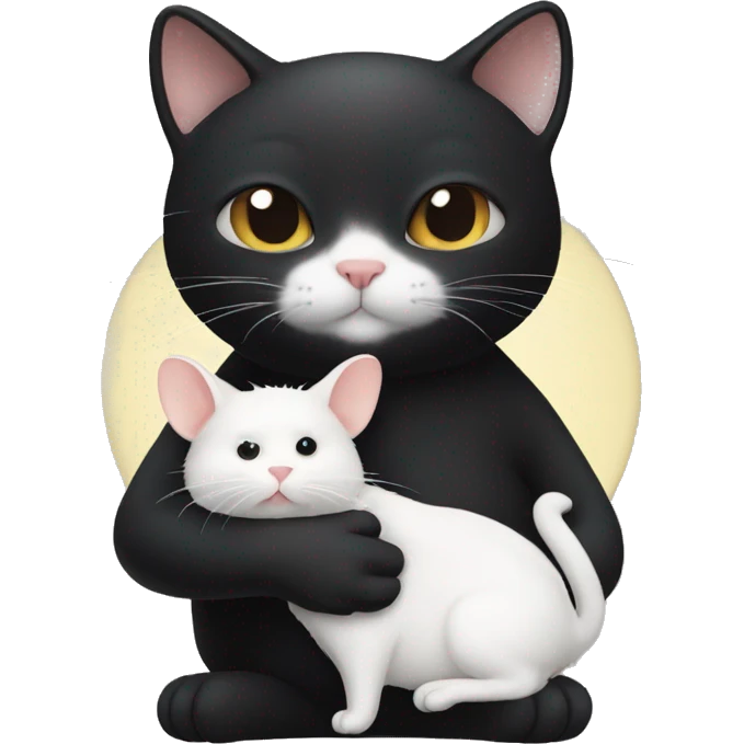 black Cat holding a white little hamster in his arms emoji