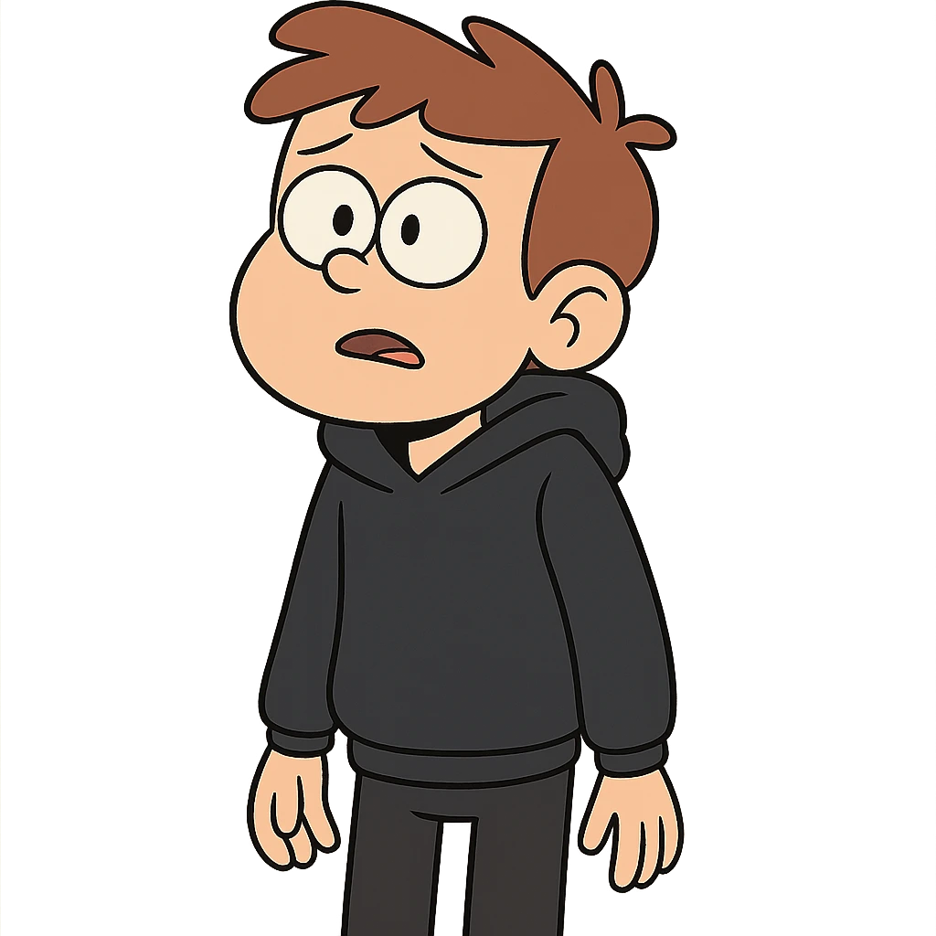 niño con jersei negro, pantalón negro y capucha, estilo flat toon emoji