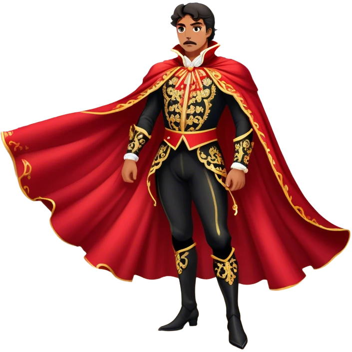 Spanish Matador – Cinematic Realistic Spanish Matador, portrayed in an ornate traje de luces with a flowing red cape, standing poised in a classic bullring with swirling dust and dramatic light, his intense expression and elegant stance capturing both bravery and artistry. emoji