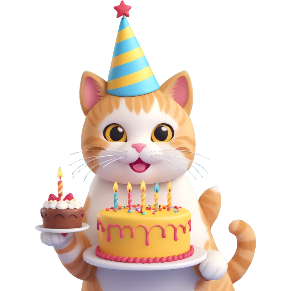 cat holding a birthday cake, wearing a party hat, cheerful expression emoji