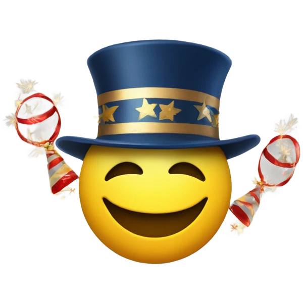 Smiley face with a happy New Year’s hat and whistleblower emoji