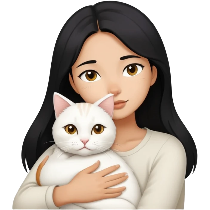 a black hair sleep girl hugs one white jinjila cat,the cat is not sleep emoji