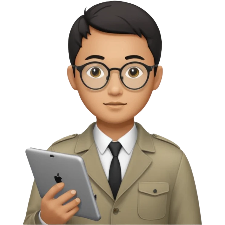 a asia man guy his 20s wearing an apple notebook, wearing bodyguard radio operator, round glasses, achromatic clothes emoji