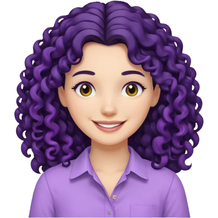 mujer blanca con cabello largo rizado negro sonriendo con camisa lila emoji